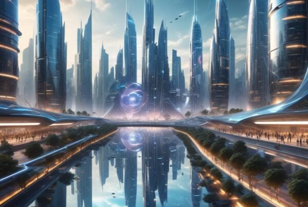 Vista panorámica de una ciudad futurista con rascacielos avanzados.