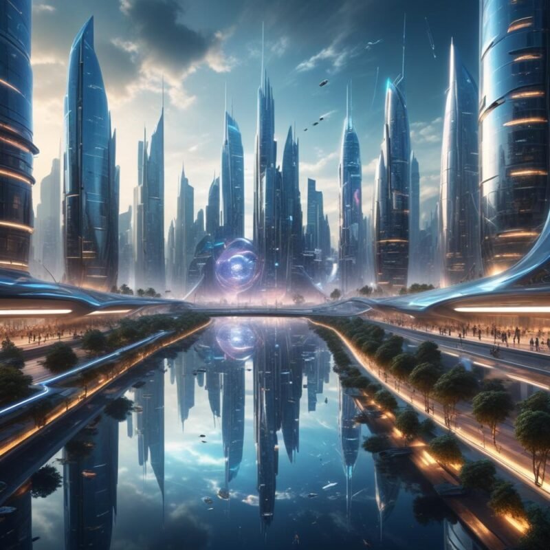 Vista panorámica de una ciudad futurista con rascacielos avanzados.