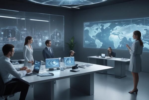 Oficina futurista con tecnología de inteligencia artificial 2025