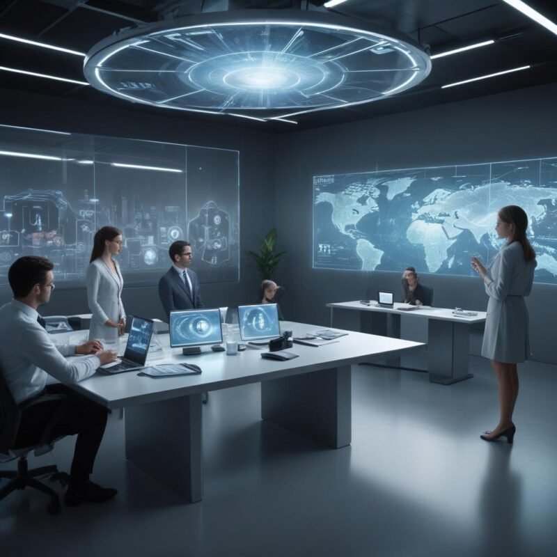 Oficina futurista con tecnología de inteligencia artificial 2025