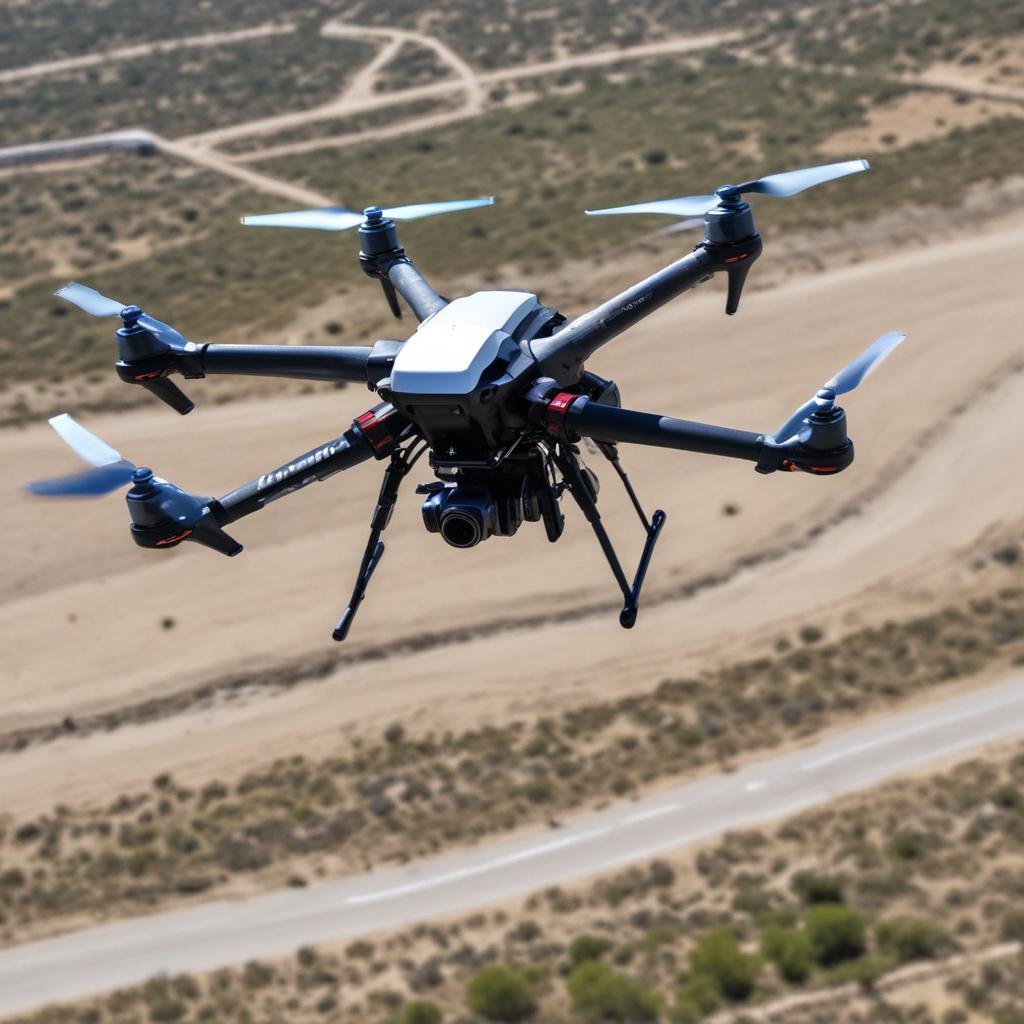 Tecnología de Drones en Seguridad Primer plano de un dron de seguridad en vuelo con sensores avanzados