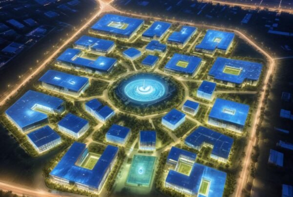 Centro de datos de Google iluminado, símbolo de innovación en IA.