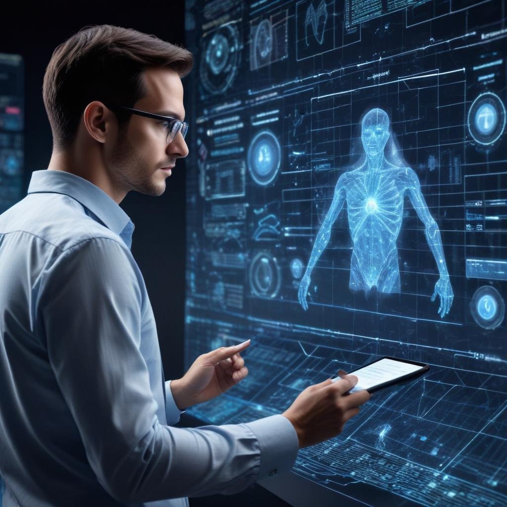 Análisis de Datos con IA Futurista Investigador con pantalla holográfica y datos de IA