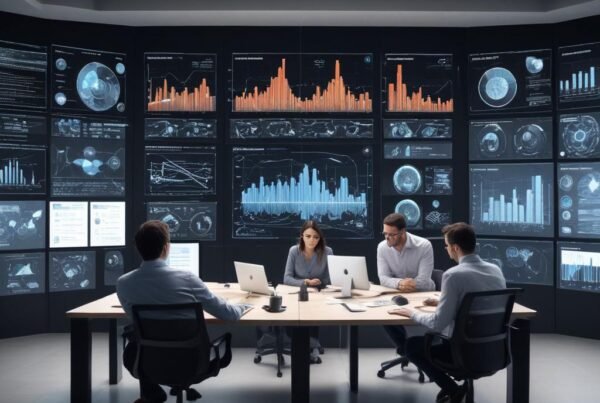 Entorno de oficina moderno analizando datos con IA