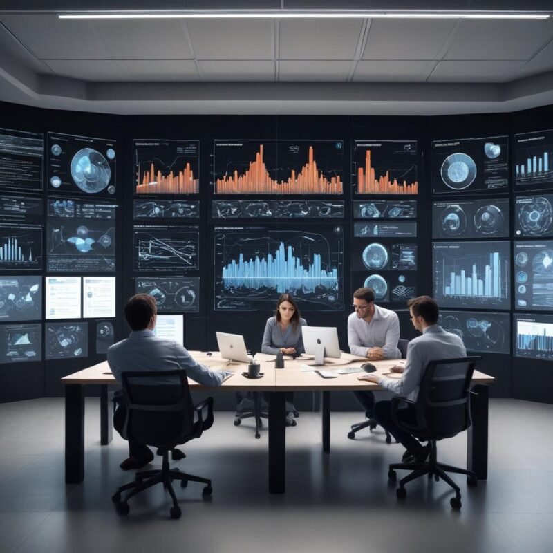 Entorno de oficina moderno analizando datos con IA