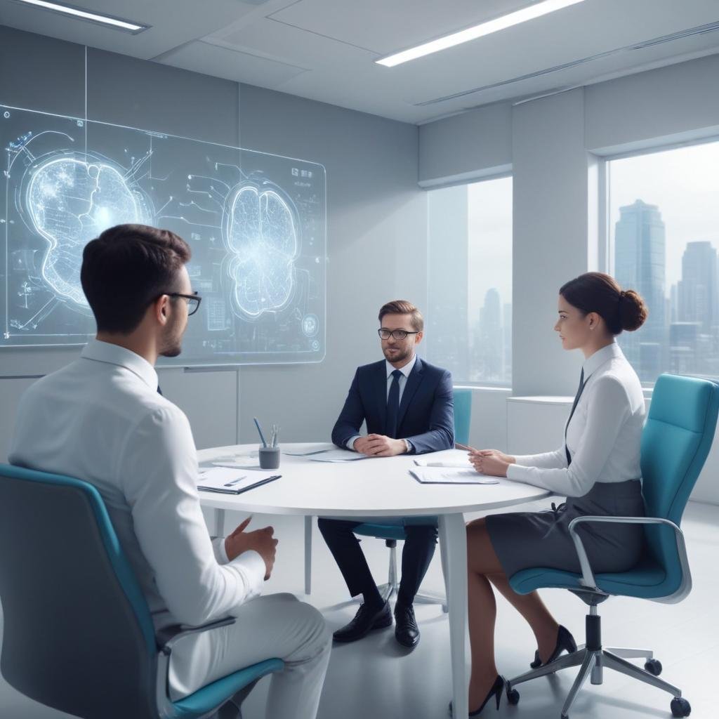 A futuristic depiction of an AI-enhanced job interview.
