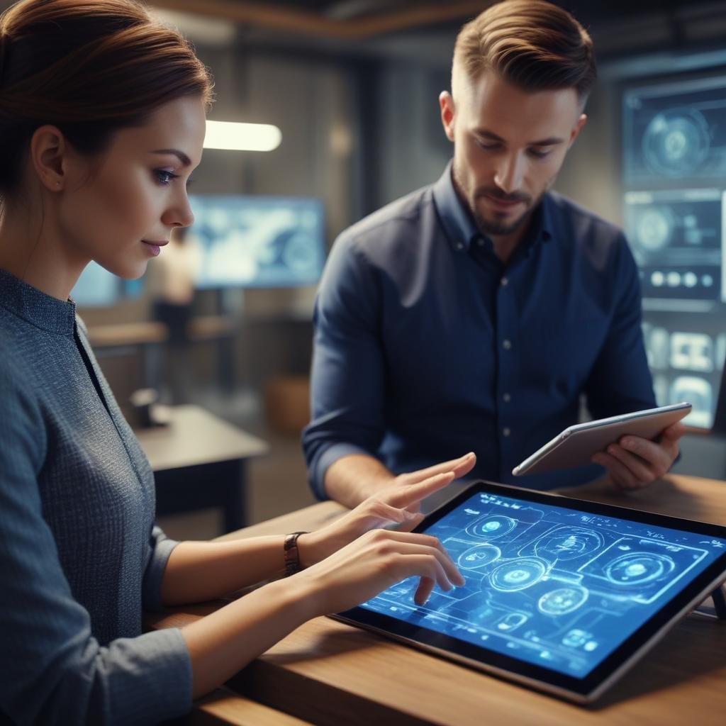 Close-up of business owners using a futuristic tablet interface