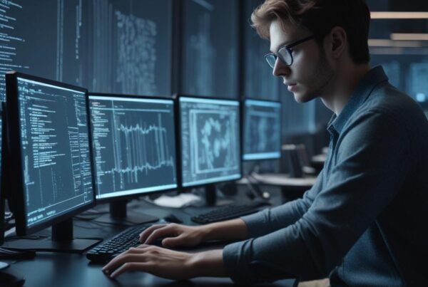 =A programmer using Claude Code in a high-tech workspace