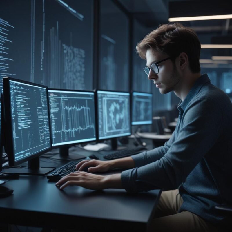 =A programmer using Claude Code in a high-tech workspace