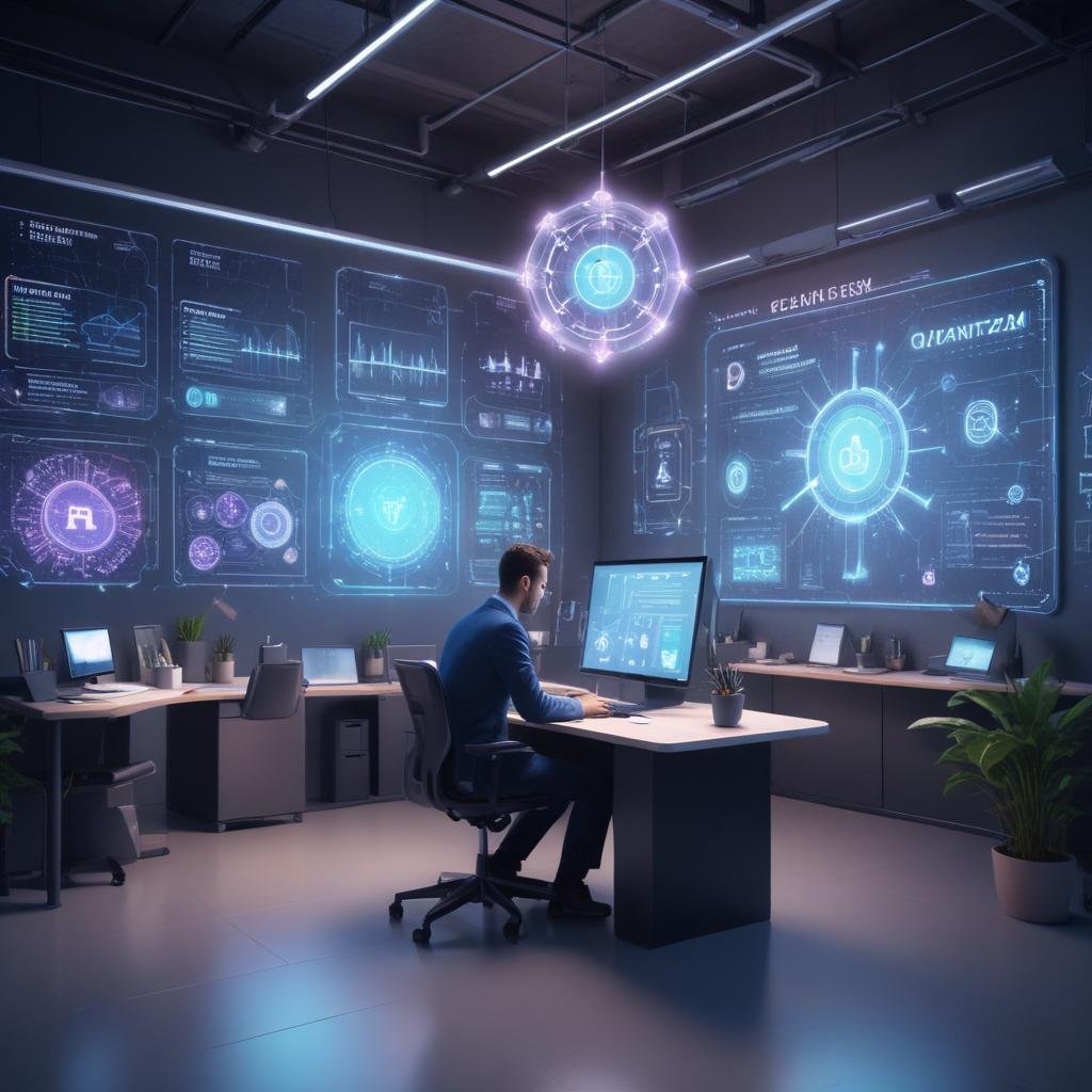 Futuristic scene of a small business optimized with AI technology.