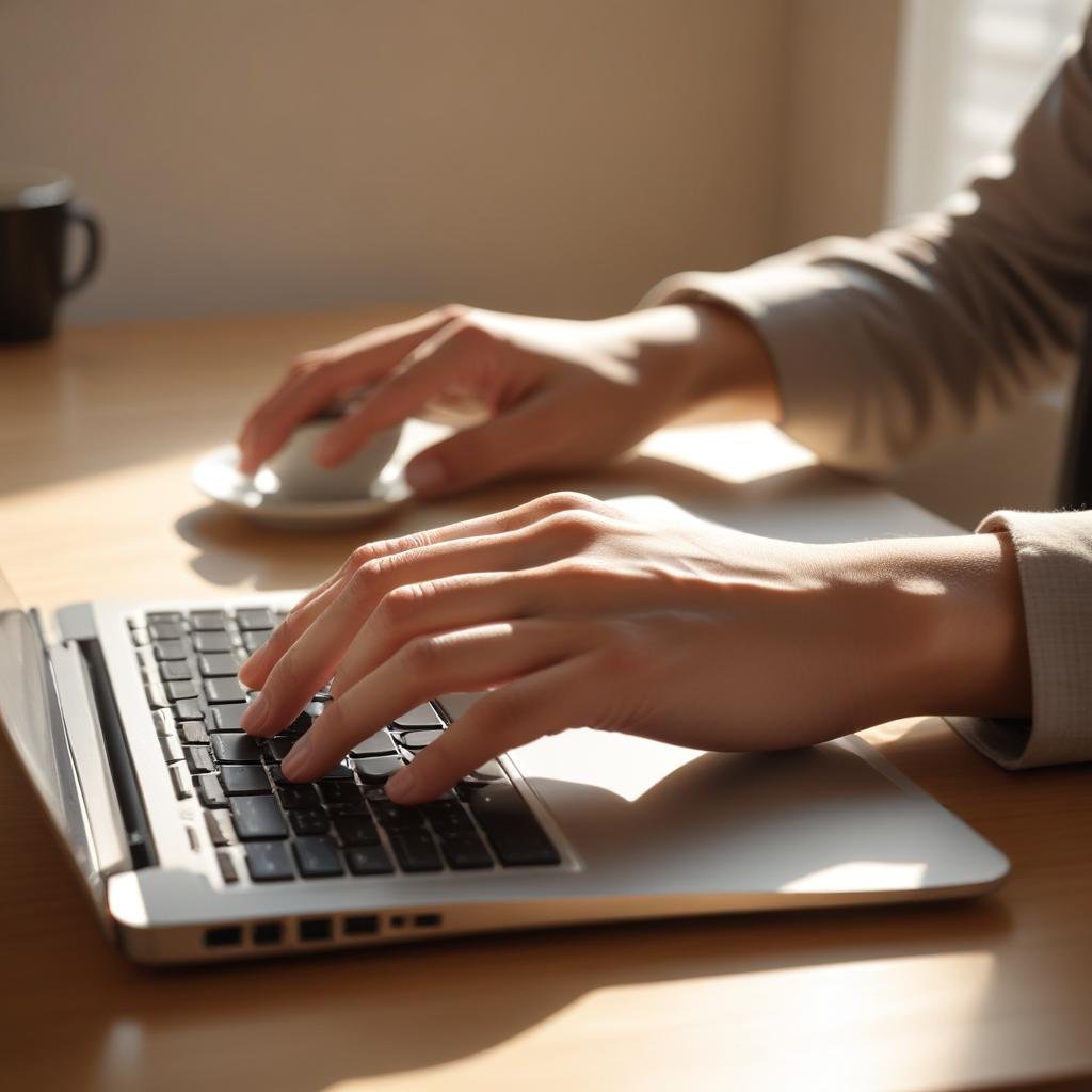 Primer plano de manos escribiendo en un teclado de portátil, luz cálida creando sombras suaves, taza de café al lado