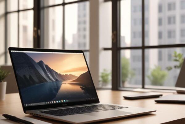 =Laptop moderno en un escritorio de oficina elegante, luz cálida natural filtrándose a través de una gran ventana, pantalla del portátil brillando suavemente