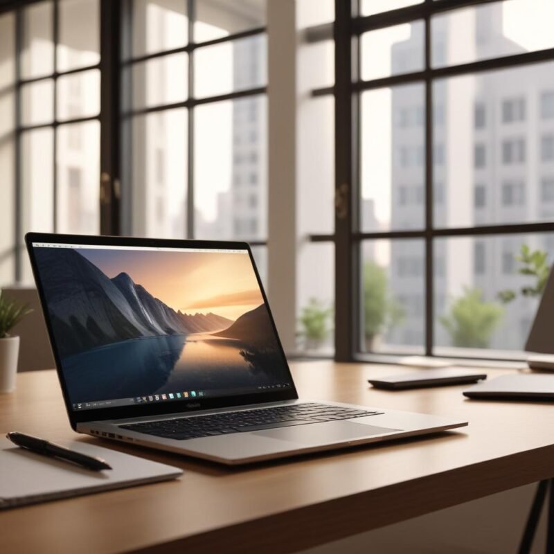 =Laptop moderno en un escritorio de oficina elegante, luz cálida natural filtrándose a través de una gran ventana, pantalla del portátil brillando suavemente