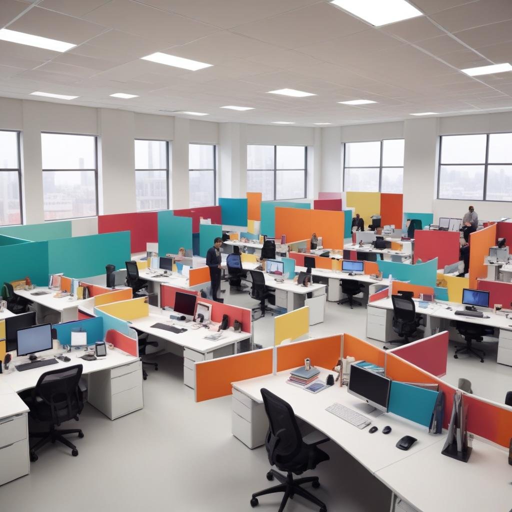 Espacio de oficina ocupado pero organizado con personas colaborando, ambiente positivo brillante, pantallas mostrando formas abstractas