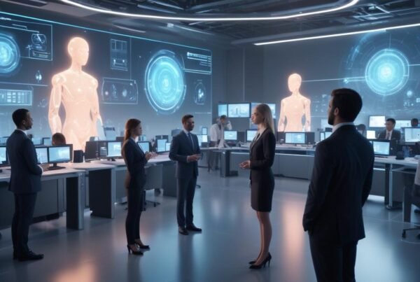 Equipo empresarial en una sala futurista con pantallas de IA, avatares holográficos y automatización.