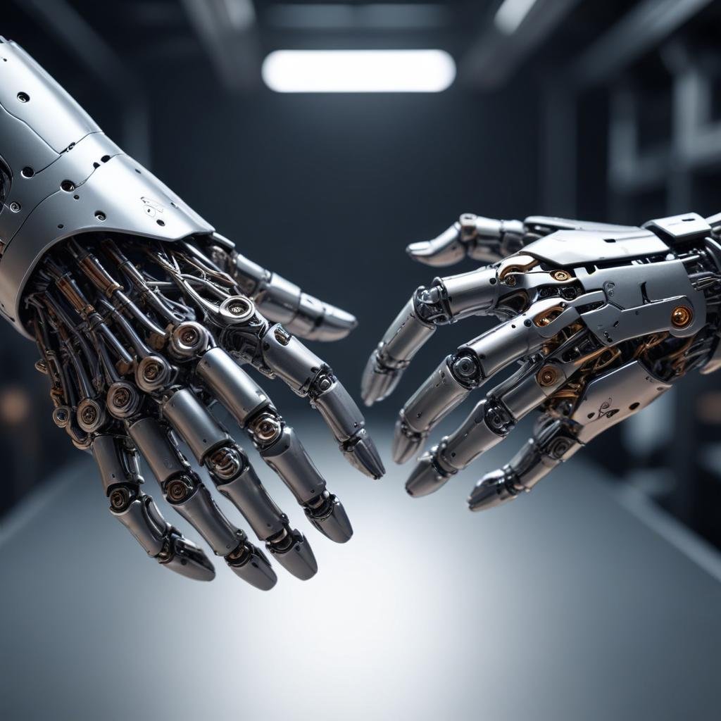 Primer plano de manos robóticas estrechando la mano, simbolizando la competencia y cooperación en el desarrollo de IA.