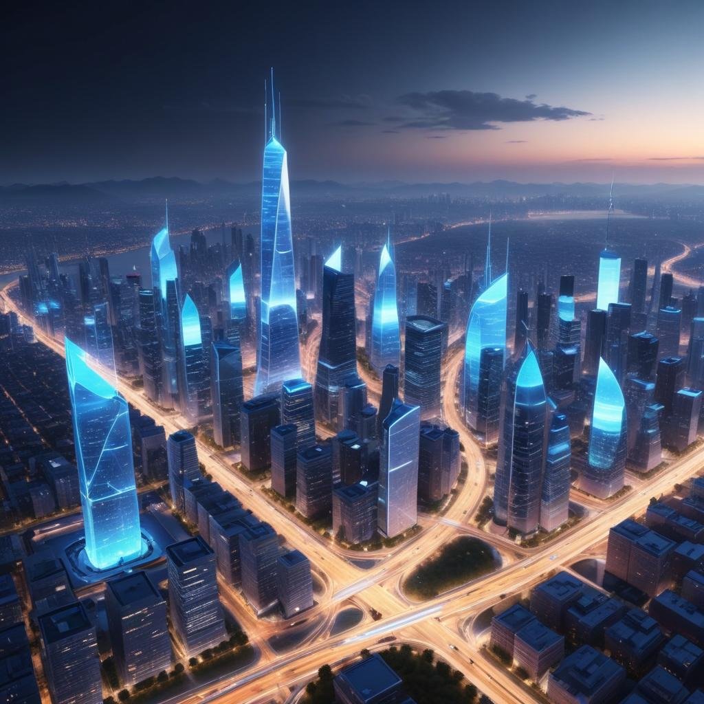 Visualización futurista de un skyline de ciudad inteligente analizado por IA, con nodos digitales brillantes.