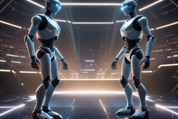 =Dos robots de inteligencia artificial enfrentándose en una arena virtual en una competición de tecnología avanzada.