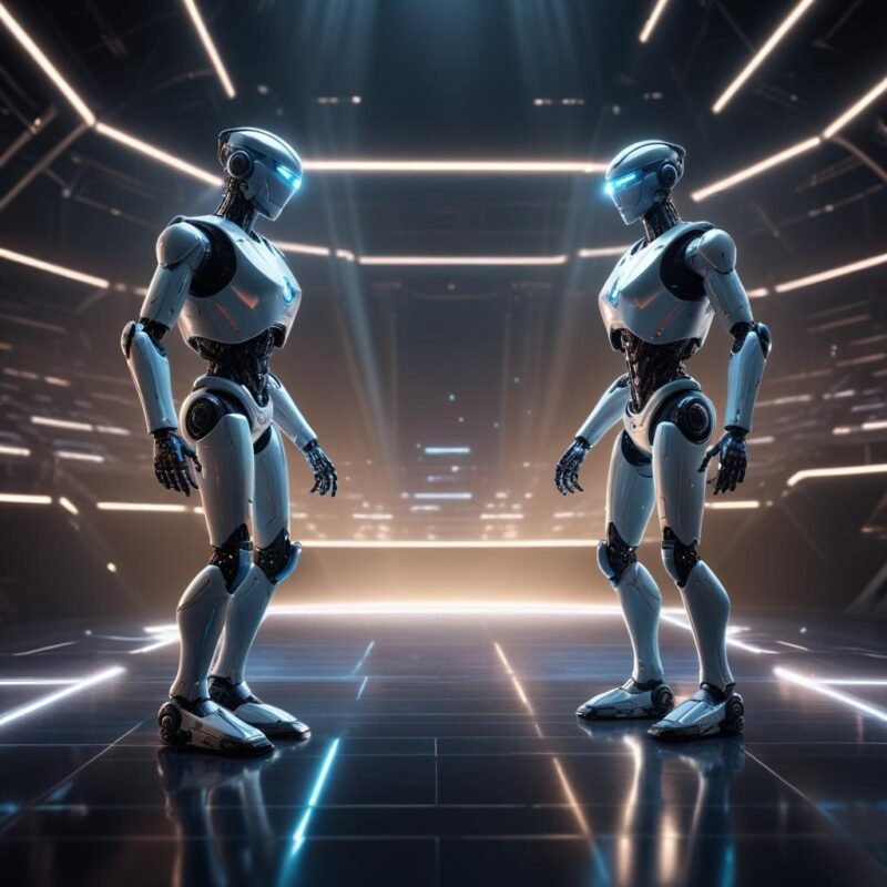 =Dos robots de inteligencia artificial enfrentándose en una arena virtual en una competición de tecnología avanzada.