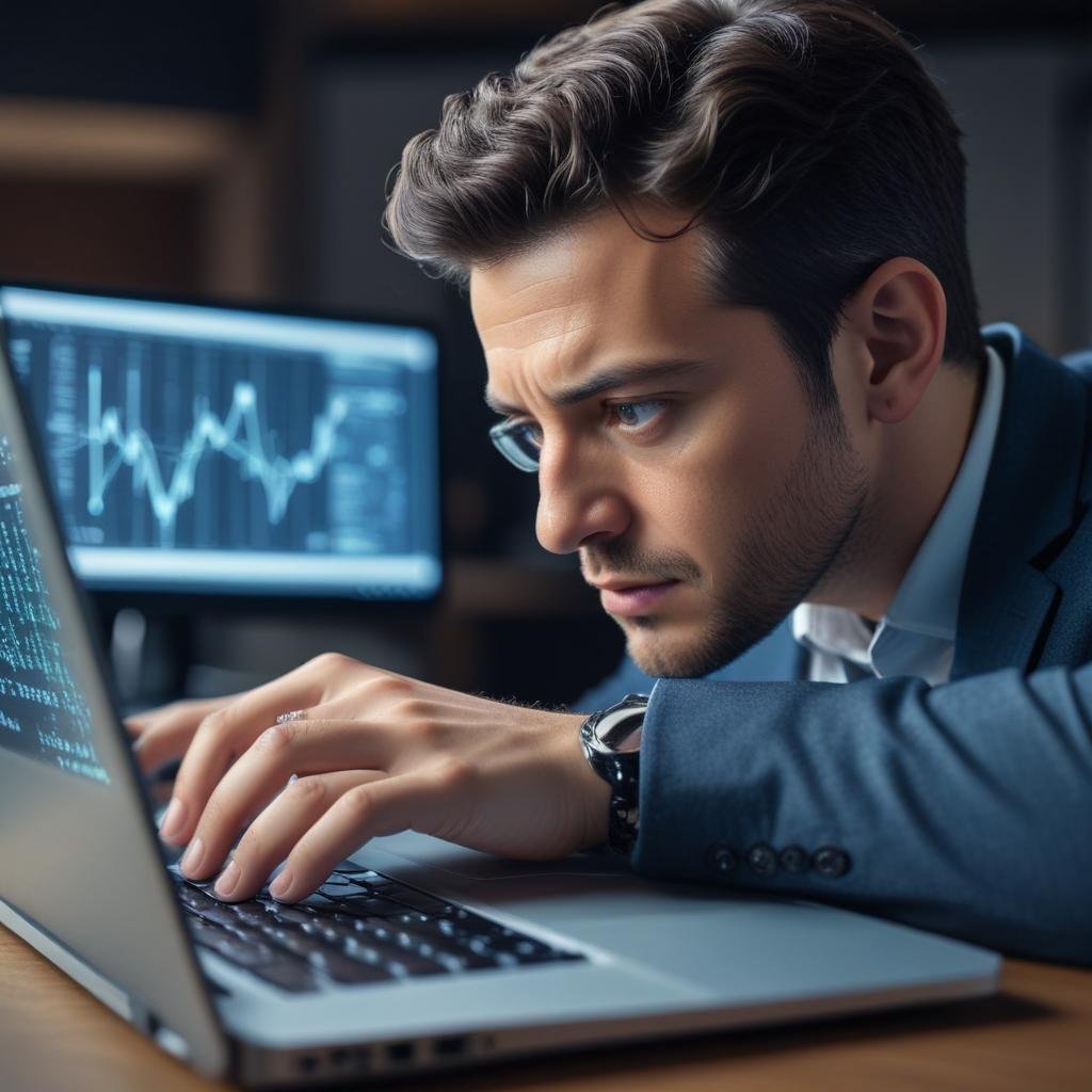 Small business owner analyzing AI impacts on a laptop