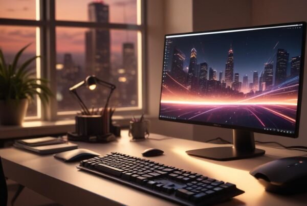 =[Ambiente de trabajo tecnológico moderno con iluminación cálida y patrón de luz abstracto]