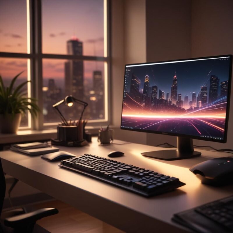 =[Ambiente de trabajo tecnológico moderno con iluminación cálida y patrón de luz abstracto]