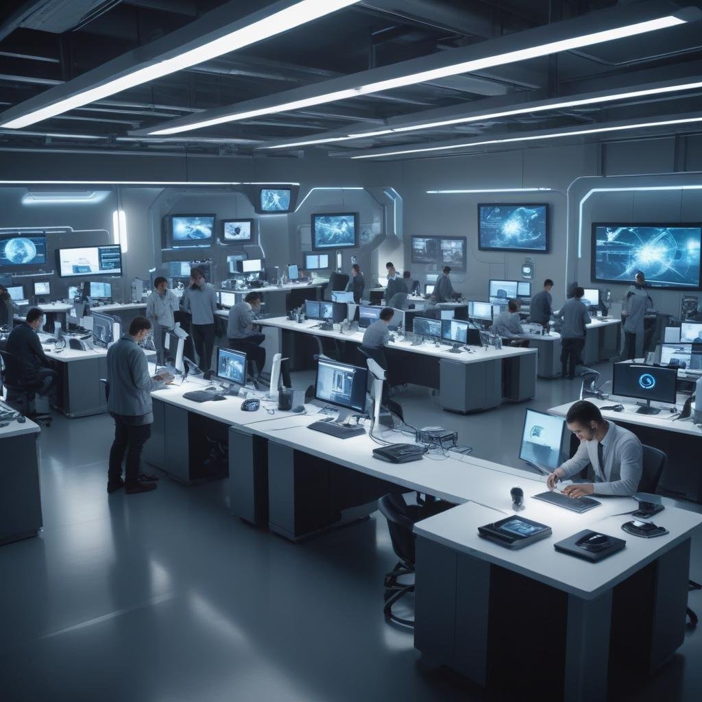 [Vista amplia de un laboratorio tecnológico futurista lleno de colaboradores creando innovación]