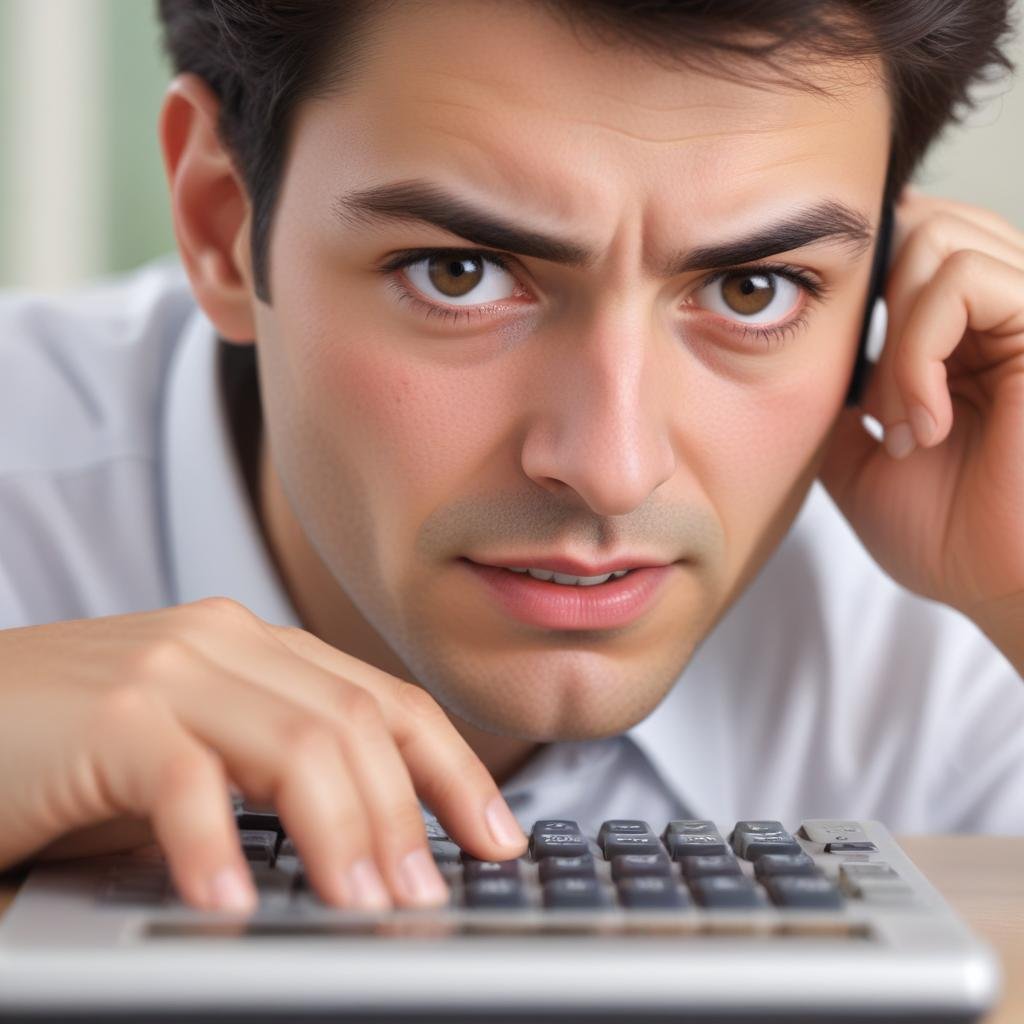 Rostro preocupado con calculadora, fondo desenfocado de oficina.