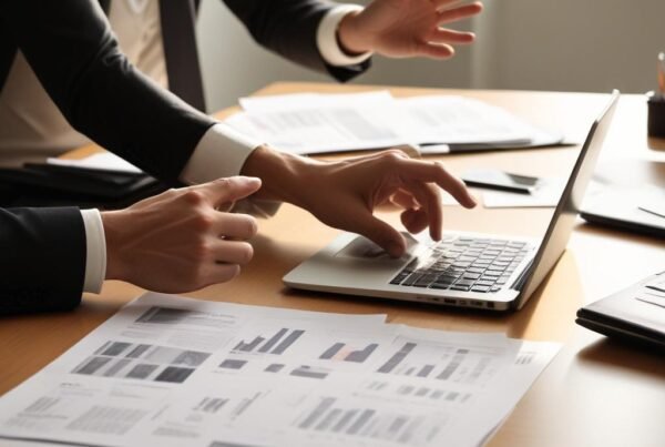 =Manos sobre documentos financieros en un escritorio moderno, oficina cálida.