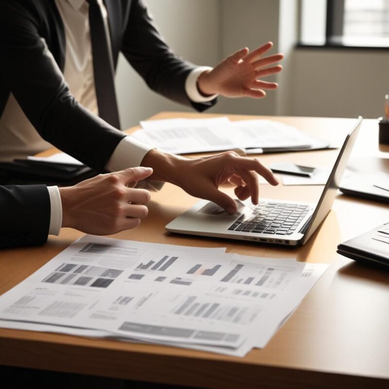 =Manos sobre documentos financieros en un escritorio moderno, oficina cálida.