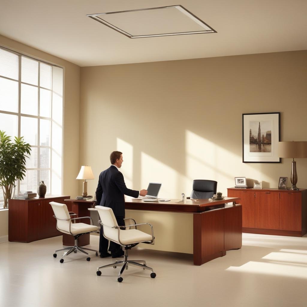 Desapercibido saludo entre asesor y cliente en despacho profesional.