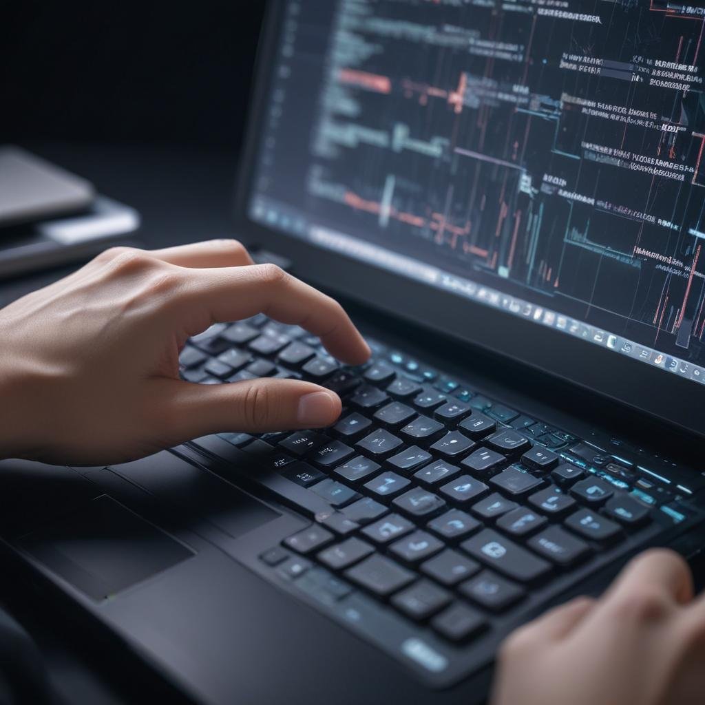 Hands coding AI skills on a laptop with intricate keyboard details.