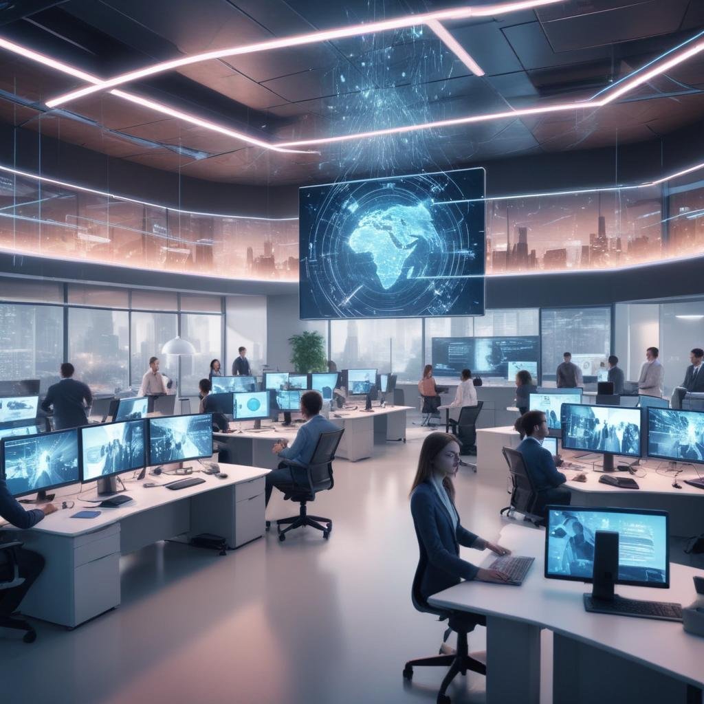 Futuristic office setting showing the impact of AI news consumption.