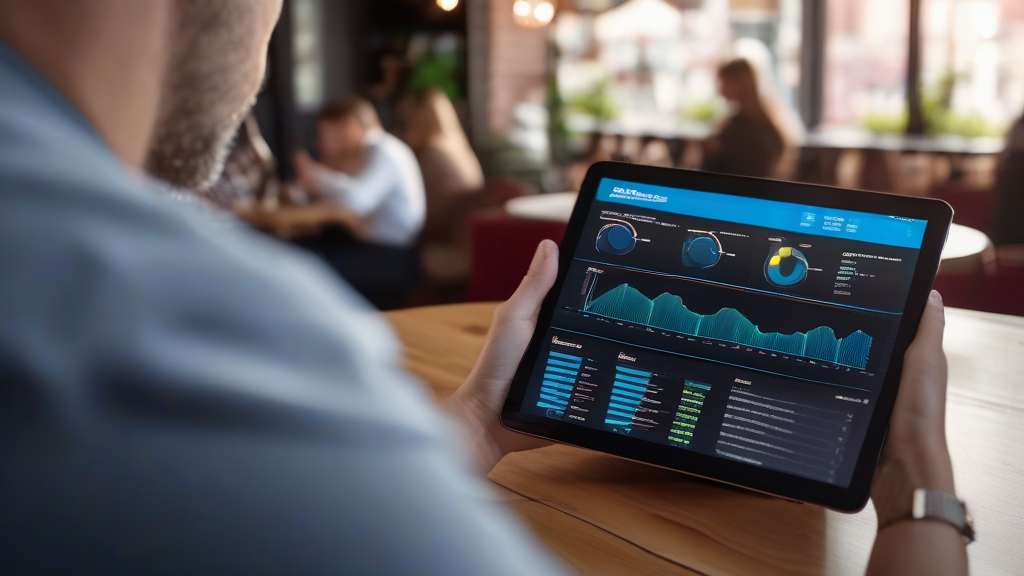 Business owner reviewing AI-optimized finance charts on tablet in urban cafe