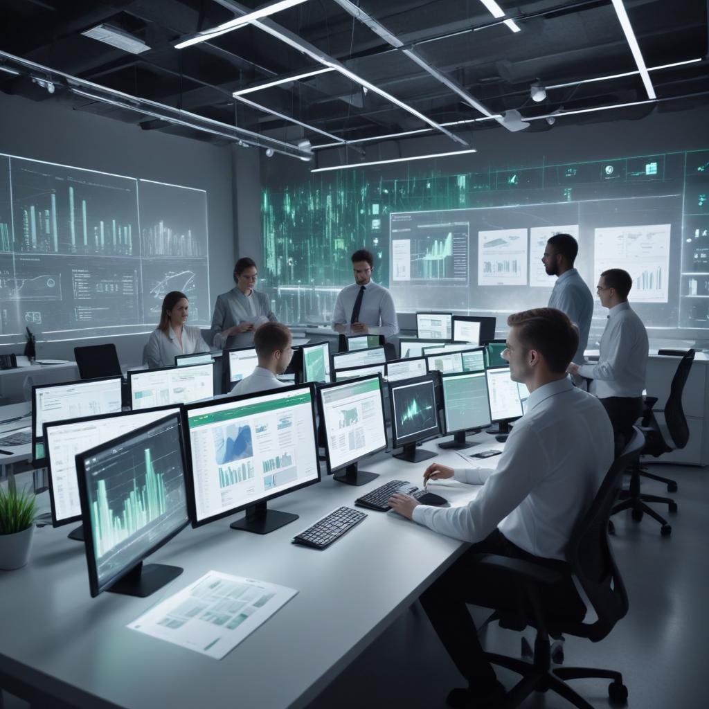 Business setting with professionals using AI-generated documents.