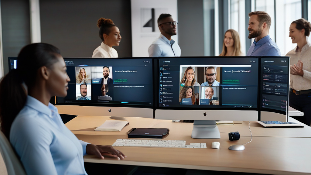 Interacción con CRM inteligente Profesionales de ventas interactúan con CRM inteligente impulsado por IA en entorno corporativo