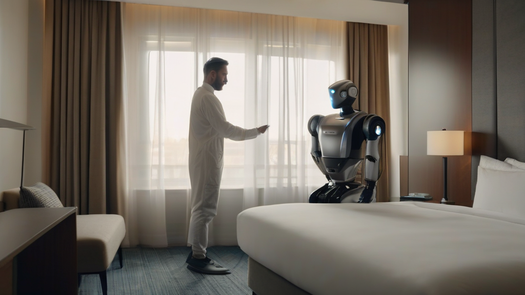 Robot housekeeper tidying a hotel room in a high-tech setting