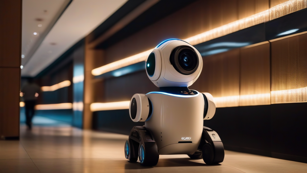 Security robot monitoring a hotel corridor at night