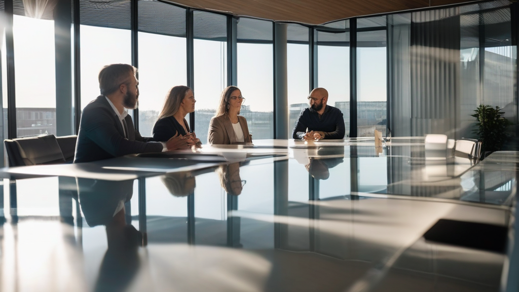 Team of managers discussing AI strategies in a tech hub meeting room.
