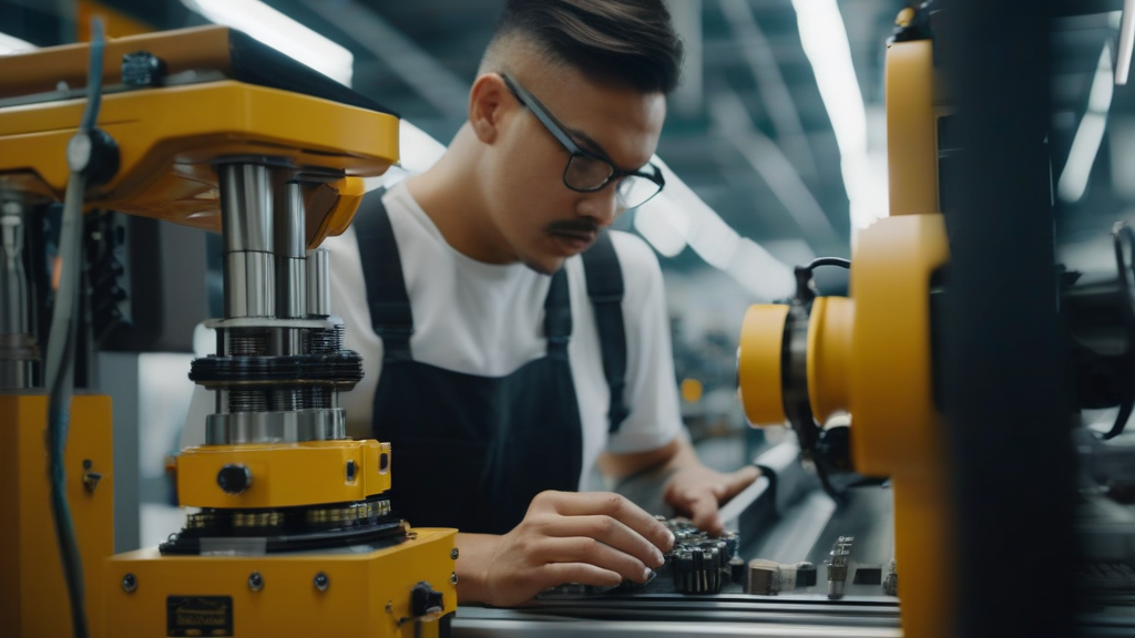 Automatización en acción Trabajador de fábrica operando maquinaria avanzada en un entorno laboral automatizado