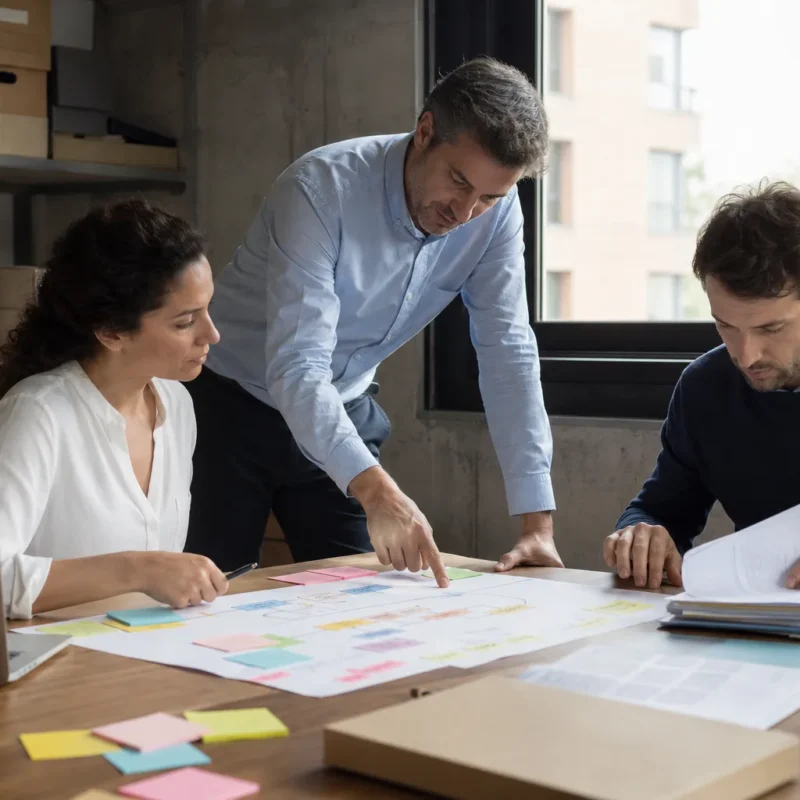 Equipo de oficina revisando procesos para implementar ia en empresas y detectar tareas repetitivas.