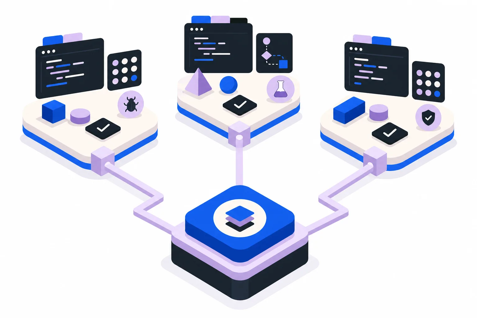 Tres espacios de trabajo aislados conectados a un repositorio central como metáfora de worktrees en Claude Code
