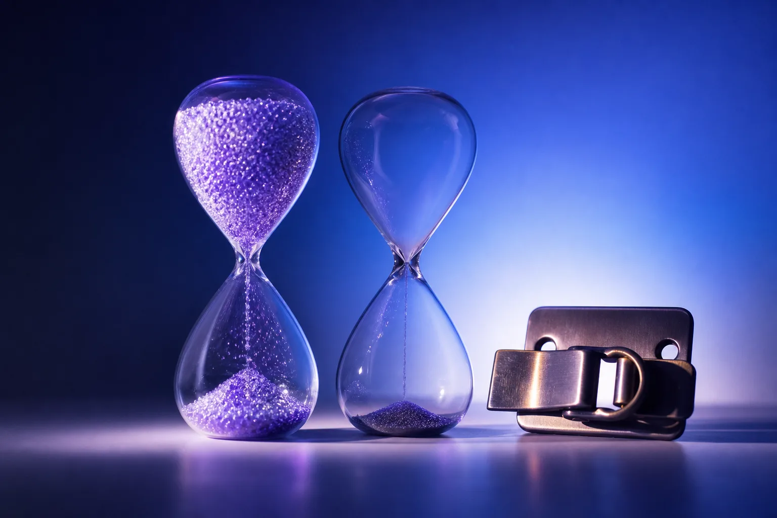 Dos relojes de arena con cuentas luminosas y un cierre de seguridad simbolizan velocidad y control en agentes