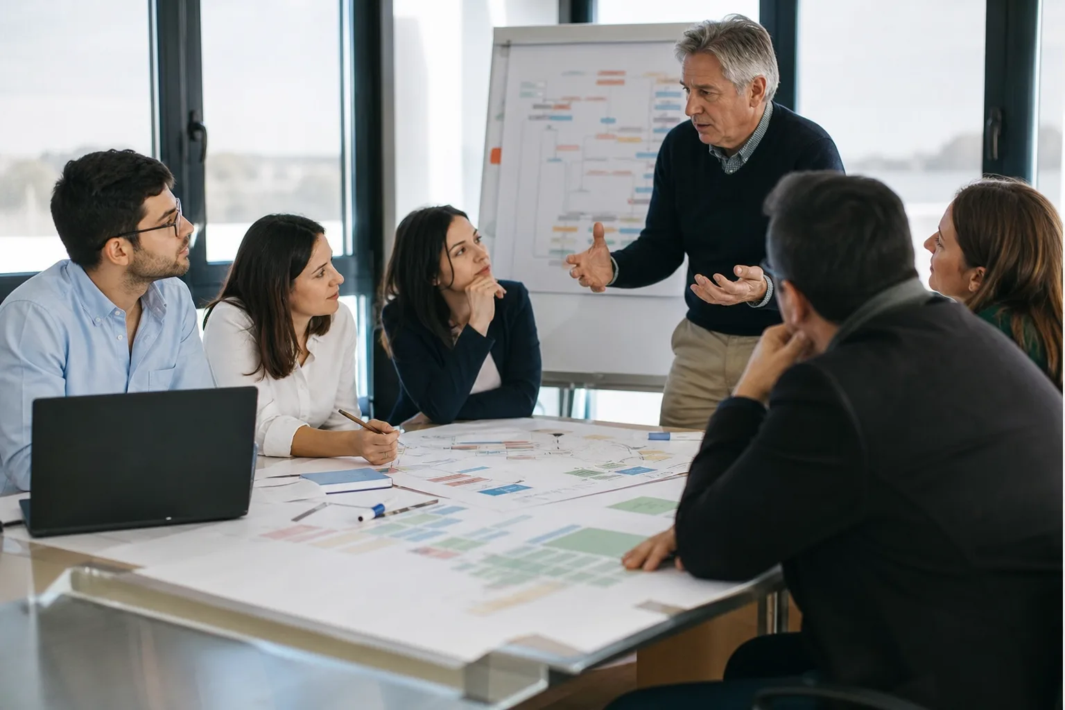 Formación interna en una pyme del mercado laboral inteligencia artificial, con mandos y juniors aprendiendo nuevos flujos de trabajo.