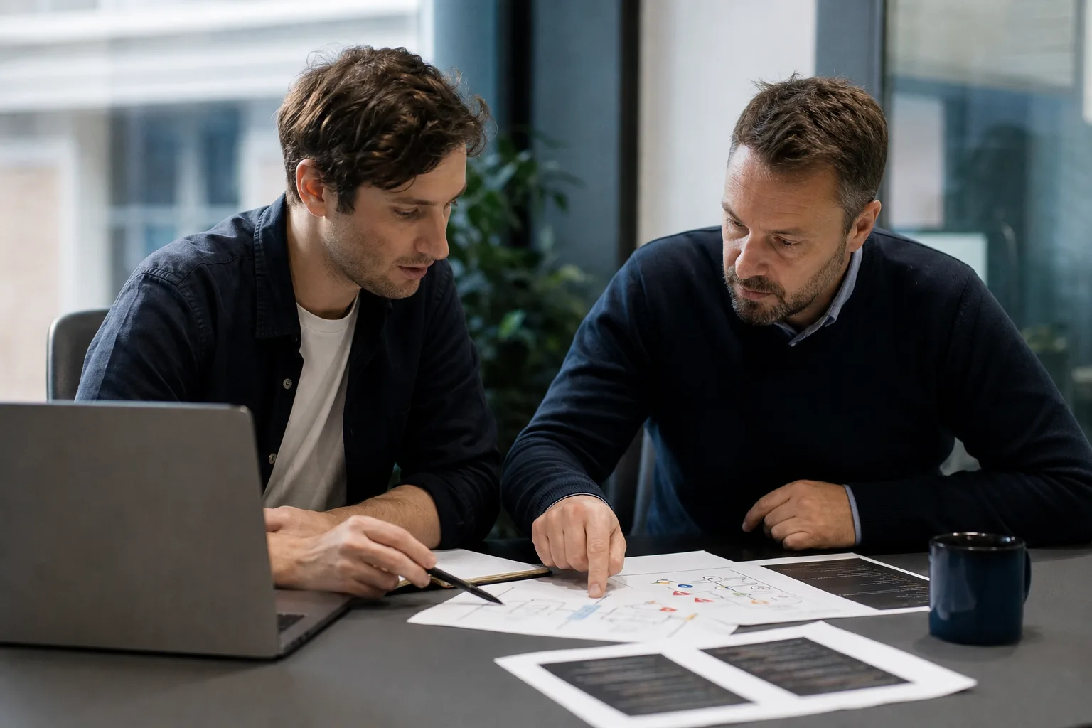 En una sala de trabajo europea, dos profesionales analizan el modo automático claude code y deciden qué tareas seguir supervisando.