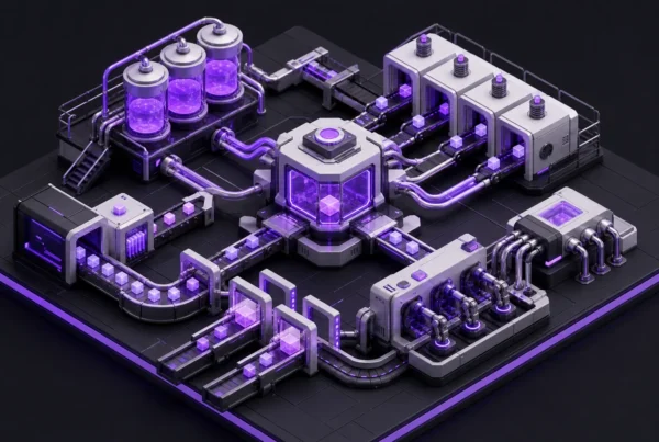 Ilustración isométrica de una máquina central conectada a módulos que representan agentes y workflows en n8n