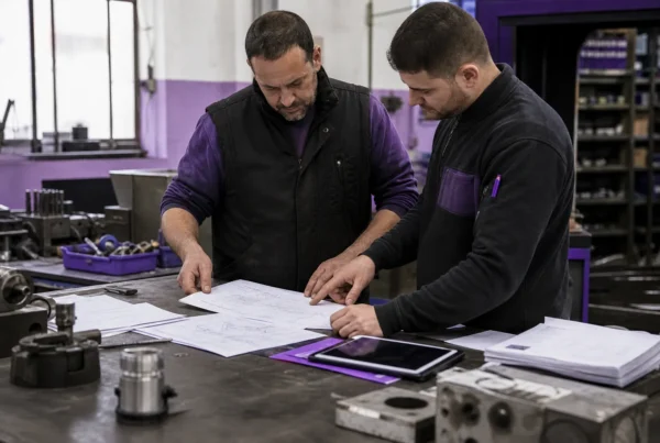 Consultoría IA Murcia revisando partes, facturas y piezas en una mesa de taller industrial