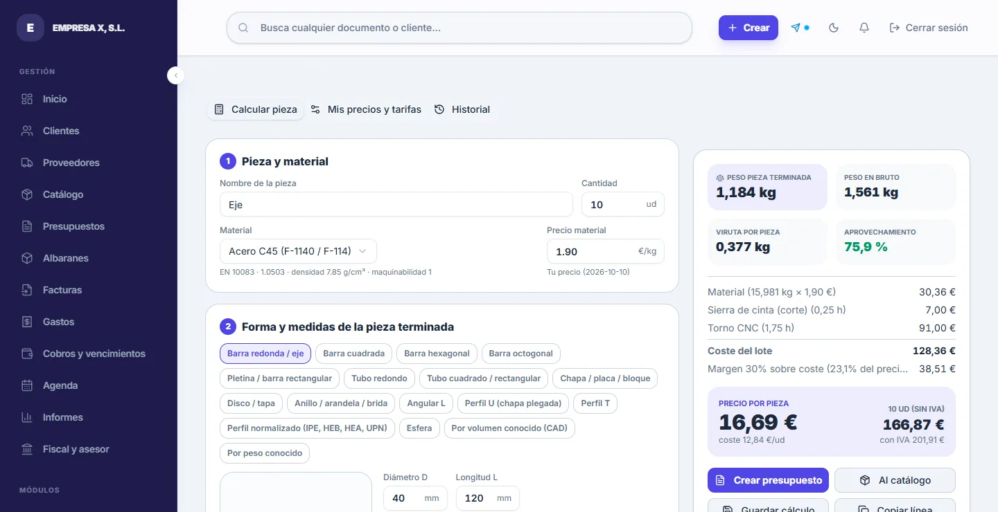 Calculadora de costes del ERP con el margen aplicado