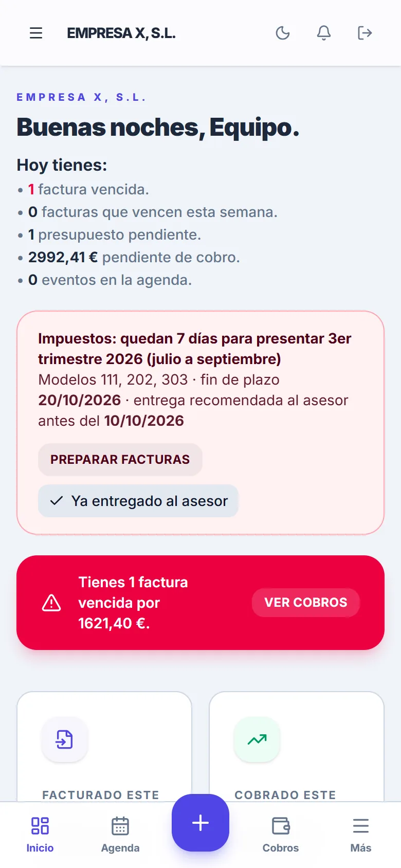 El mismo programa en el móvil: lo pendiente de hoy, cobros e impuestos