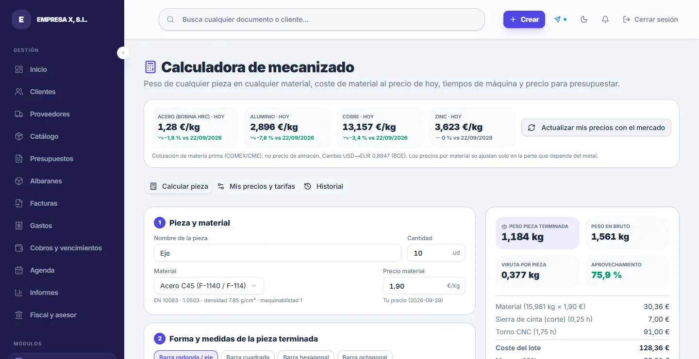 Calculadora de costes del ERP con el margen aplicado
